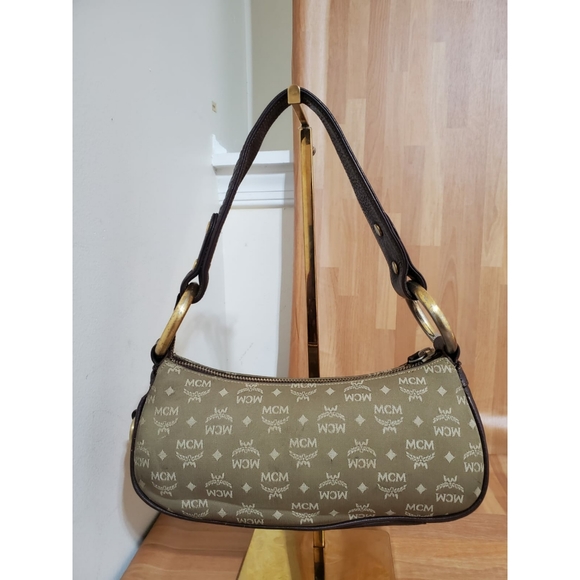 MCM Visetos Jacquard Baguette Green Shoulder Bag - Picture 2 of 8